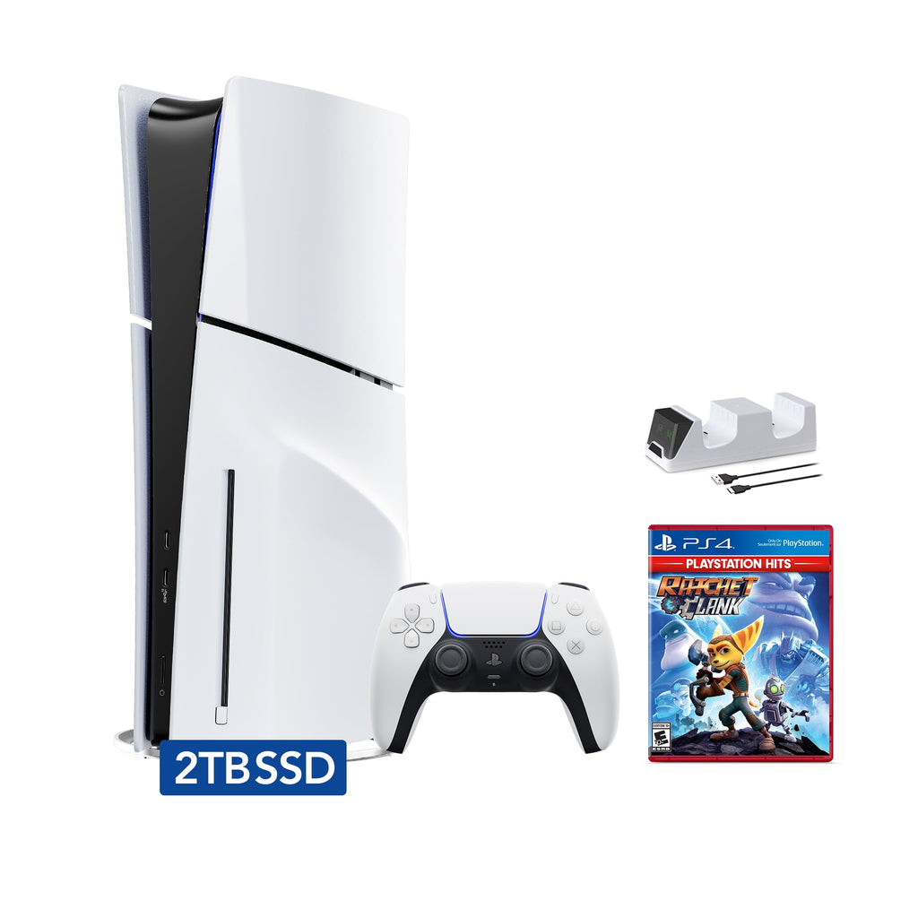 PlayStation 5 Slim Disc Edition Bundle with Gran Turismo 7 and C-Gamers Dual-Controller Charger - PS5, White